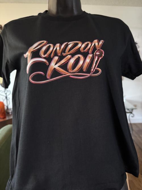 Black Koi Ware Logo Tee with the London Koi script and microphone in rose gold