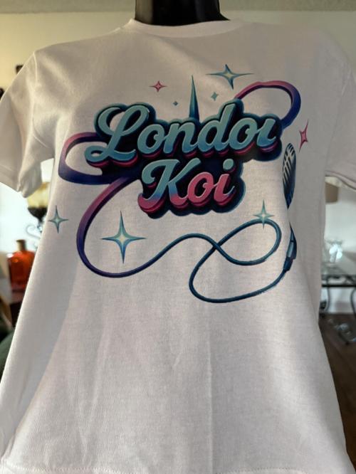White Koi Ware Logo Tee with the London Koi script in teal and pink with sparkles