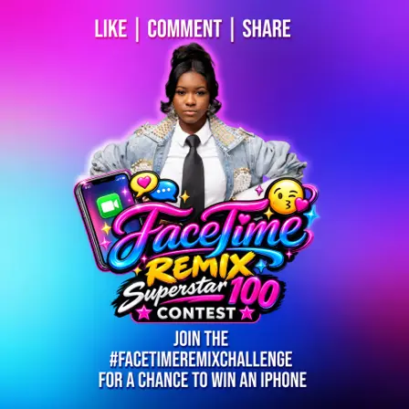 FaceTime Remix Superstar 100 Contest flyer: London Koi in a studded denim jacket and black tie above the FaceTime Remix logo, with "Like | Comment | Share" and "Join the #FaceTimeRemixChallenge for a chance to win an iPhone"
