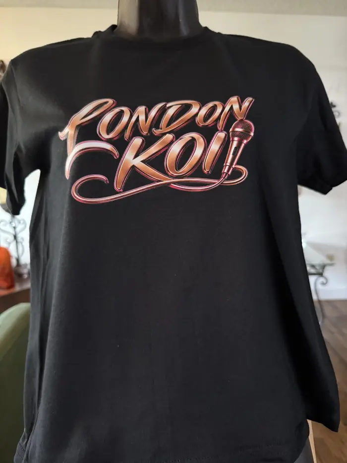 Black Koi Ware Logo Tee with the London Koi script and microphone in rose gold